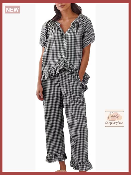 Other - Cotton Gingham Pajama Set Cute Ruffle Babydoll Top Wide Leg Pants